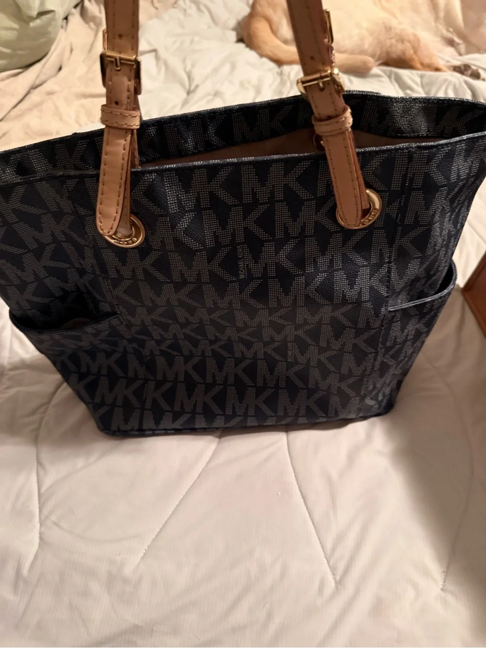 Michael Kors Navy MK Logo Tote with Tan Leather Straps